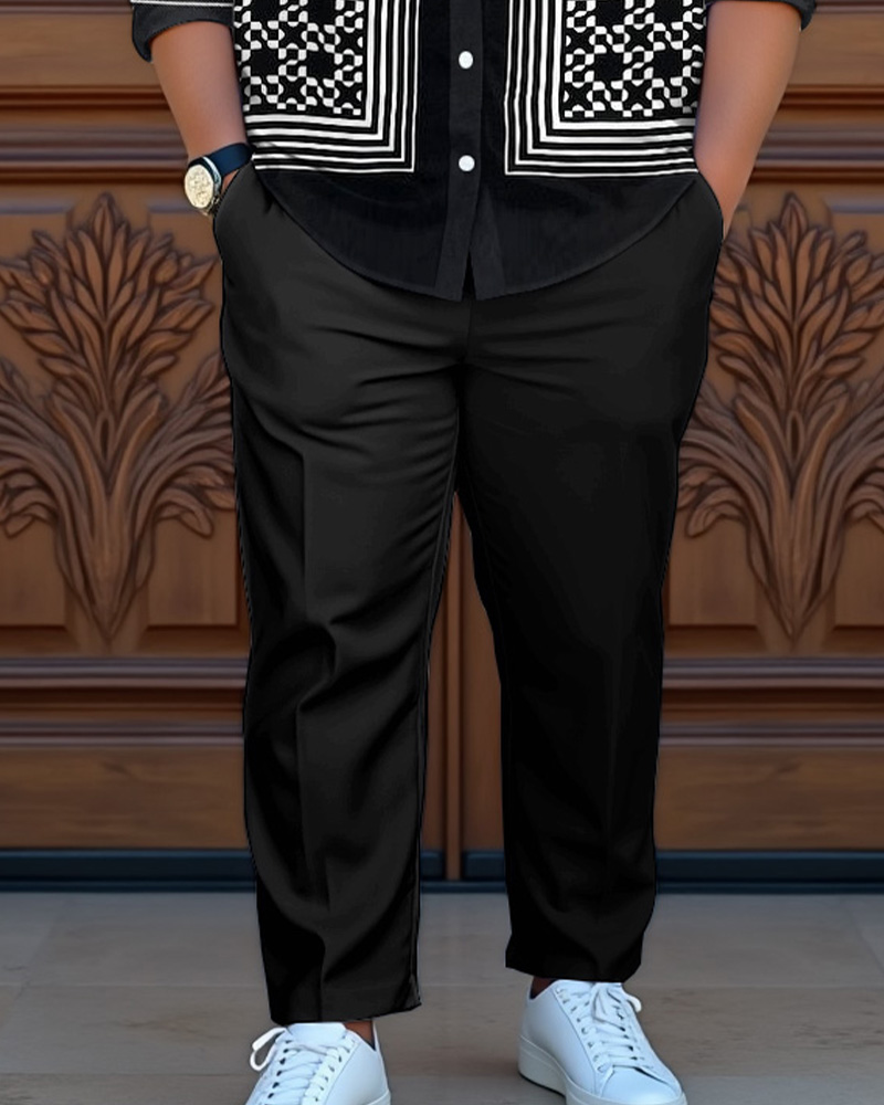 Men's Plus Size Luxury Classic Geometric Baroque Print Long Sleeve Shirt Trousers Suit