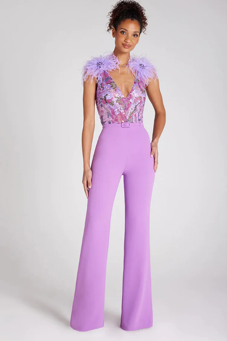 Party Sequin Embroidery V Neck Sleeveless Feather Jumpsuit-Violet