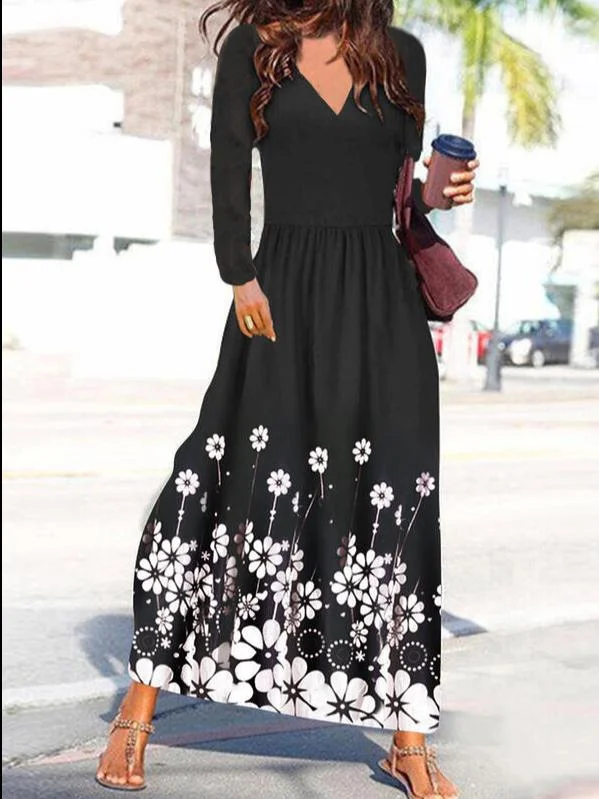 Black Long Sleeve Casual floral Dresses