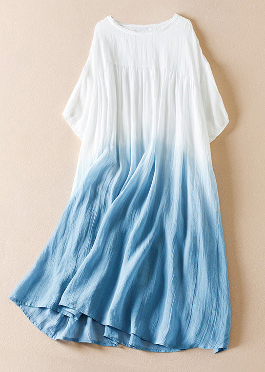 VCSHOES Loose Blue Gradient Color O Neck Cotton Dresses Half Sleeve