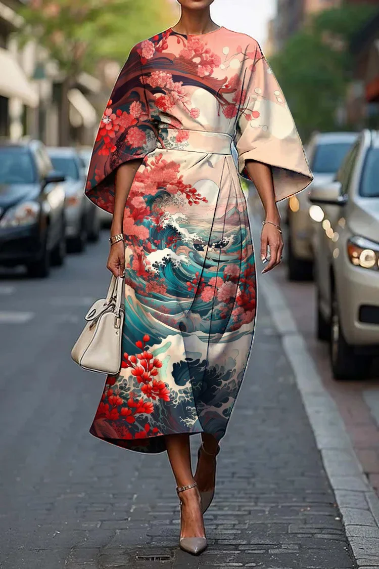 Women's Elegant Japanese Art Print Midi Dress