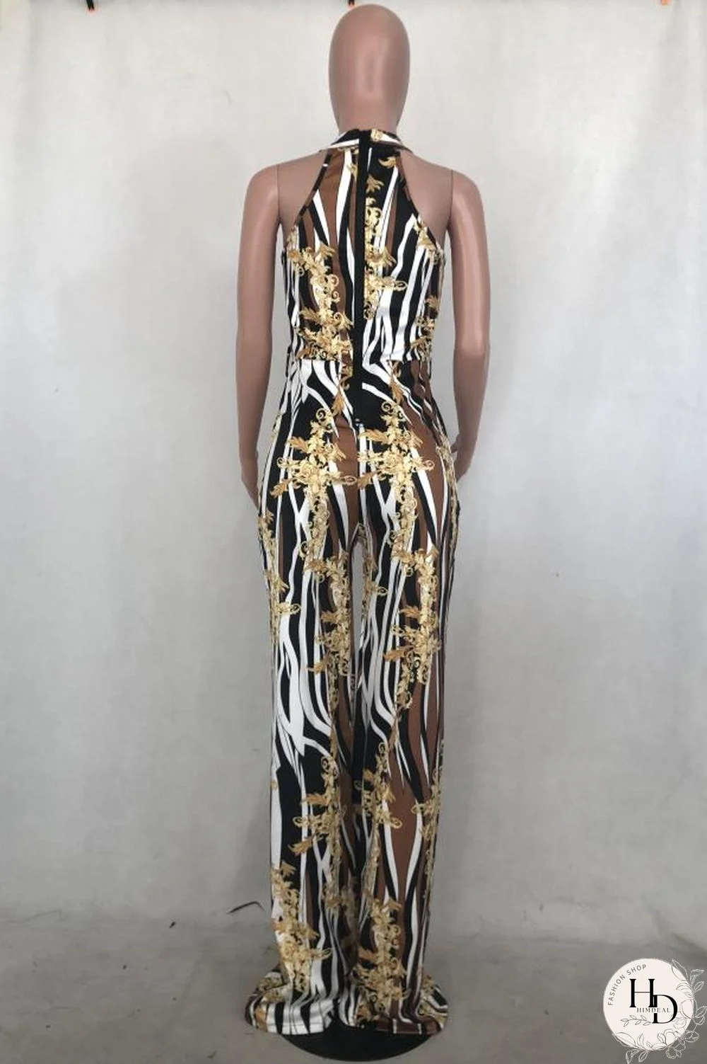 Blue Sexy Fashion Print Backless Asymmetrical Hollow Polyester Sleeveless Asymmetrical Collar