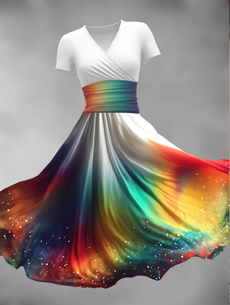 Rainbow Tie Dye V Neck Short Sleeve Midi Dress