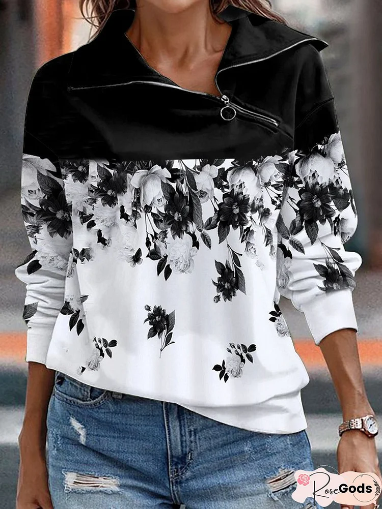 Black and White Floral Zip-Up Oversized Sweatshirt