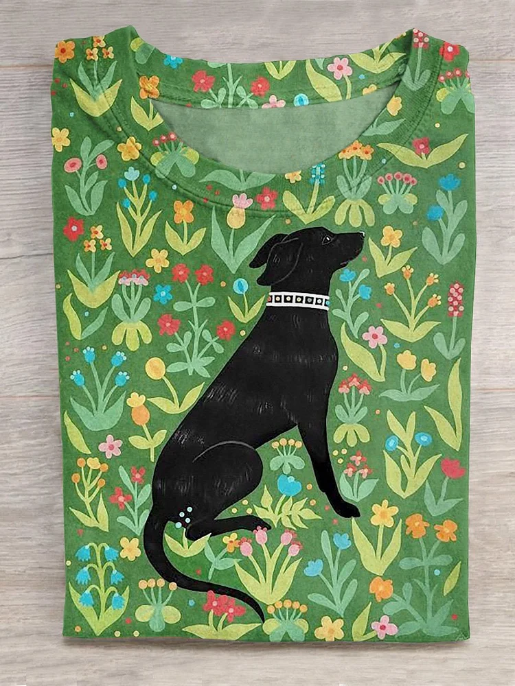 Black Labrador Puppy In Floral Garden Illustration Printed T-shirt