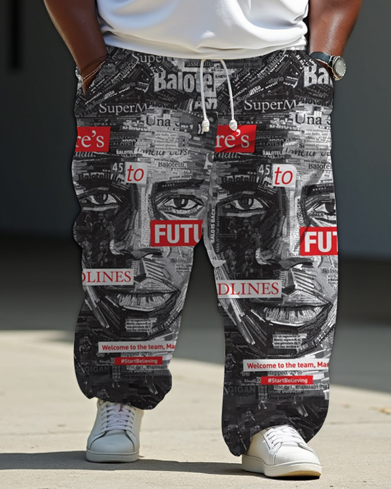 Men's Casual Cotton Fun African Black Face Newspaper Printed Loose Elasticated Waist Sport Jogging Pants