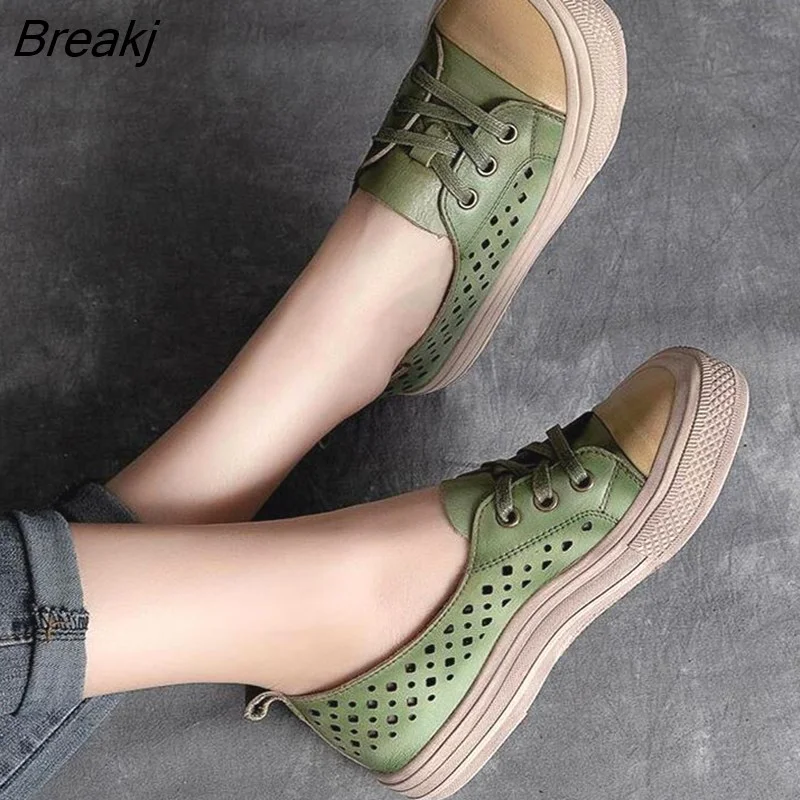 Breakj Women Sneakers Summer Shoes Genuine Leather Sandals Lace-Up Hollow 2023 New Handmade All-Match Platform Sneakers 425-1
