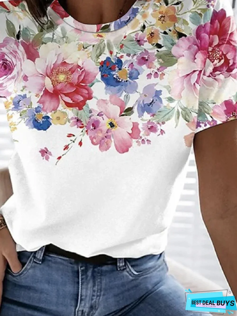 Casual Floral Crew Neck Short Sleeve T-Shirt