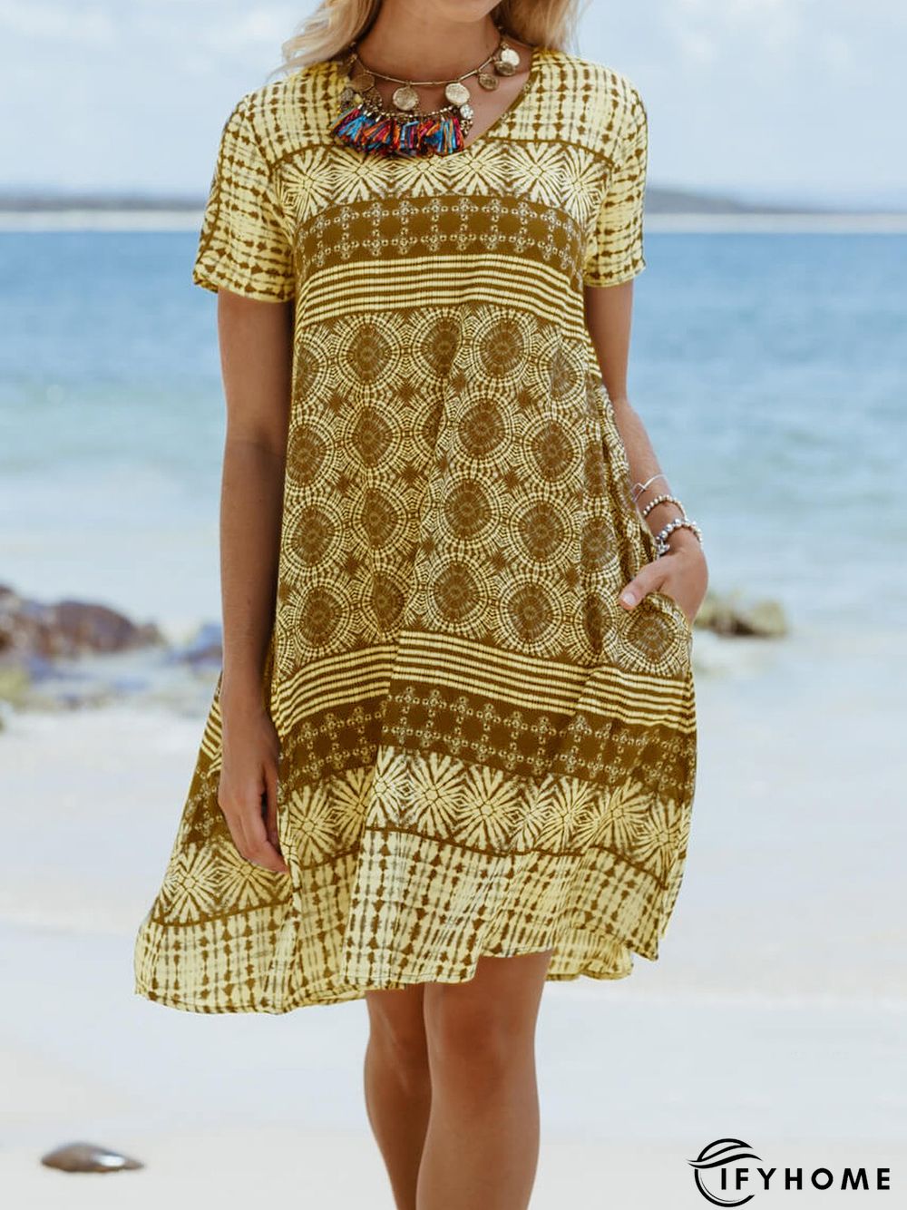 Cotton-Blend Short Sleeve Printed Weaving Dress | IFYHOME