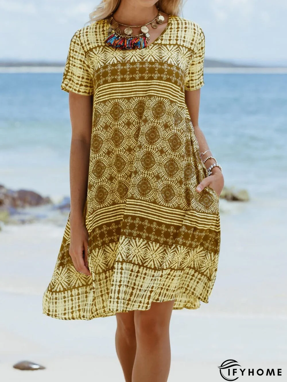 Cotton-Blend Short Sleeve Printed Weaving Dress | IFYHOME