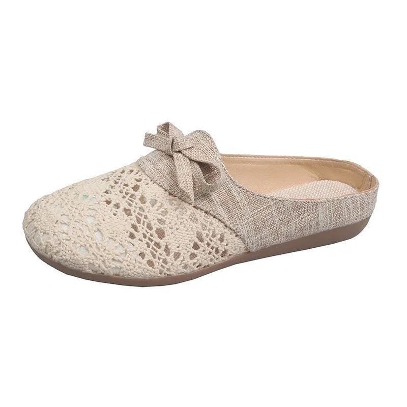 Lourdasprec Female Shoes Fretwork Heels Ladies' Slippers Luxury Slides Lace Cover Toe Low Loafers Designer Summer Flat PU Cotton Fabric
