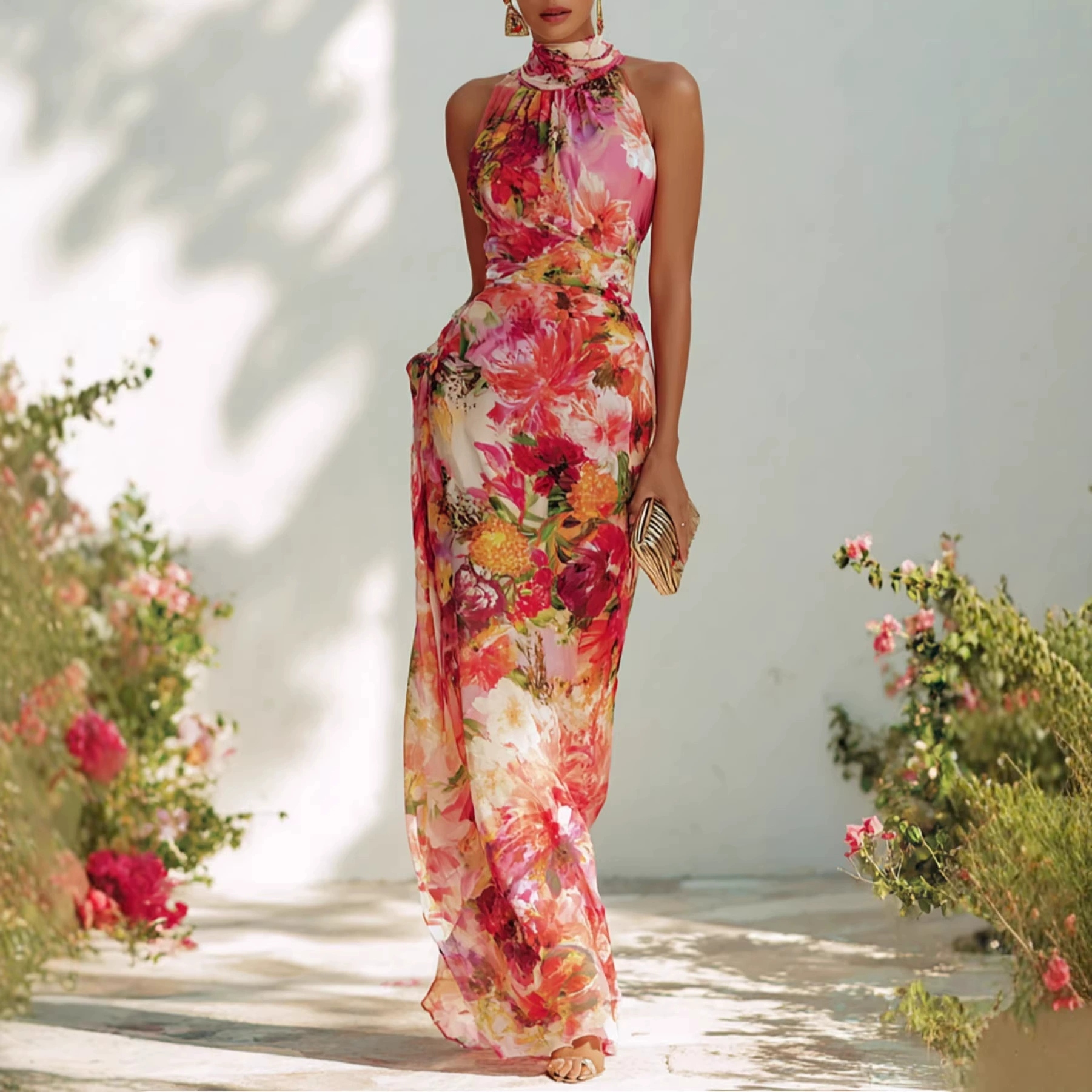 French Elegant Floral Halterneck Sleeveless Slim Chiffon Dress elevenforest