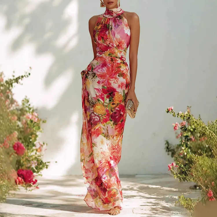 French Elegant Floral Halterneck Sleeveless Slim Chiffon Dress