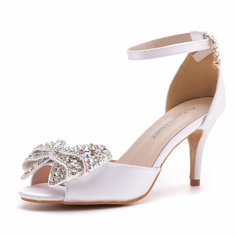 Breakj Breakj Cm Water Drill Bow Bow Fish Mouth High Heel Sandals Silk Satin Cloth Shallow Buckle With Large-Size Round Head High Heels