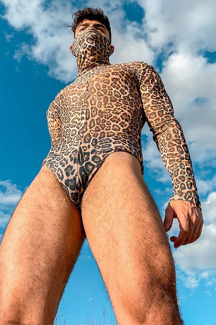Leopard Print Mesh See-Through High Neck Long Sleeve Bodysuit 