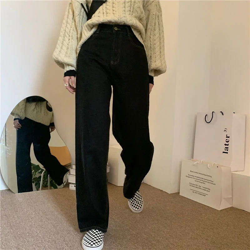 Jeans Women Korean Style Casual All-match Trendy Loose Fashion Streetwear Chic Solid Ladies Ulzzang Denim High Waist Trousers