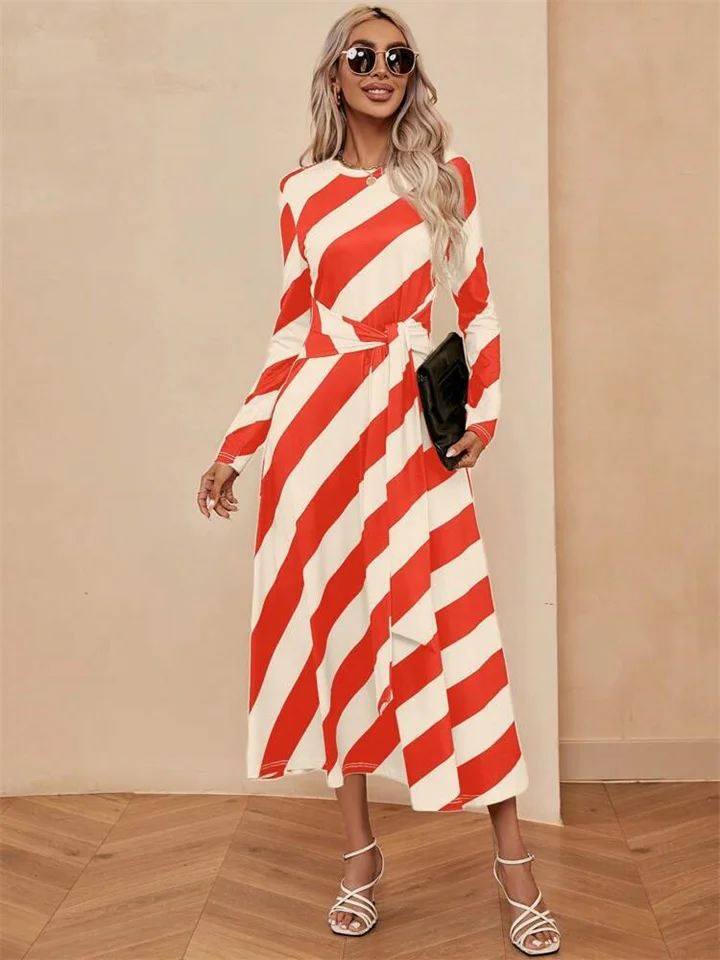 Elegant Temperament Advanced Sense of Striped Printed Mid-waist Long-sleeved Dress Women Round Neck Pullover Long Dresses-Cosfine