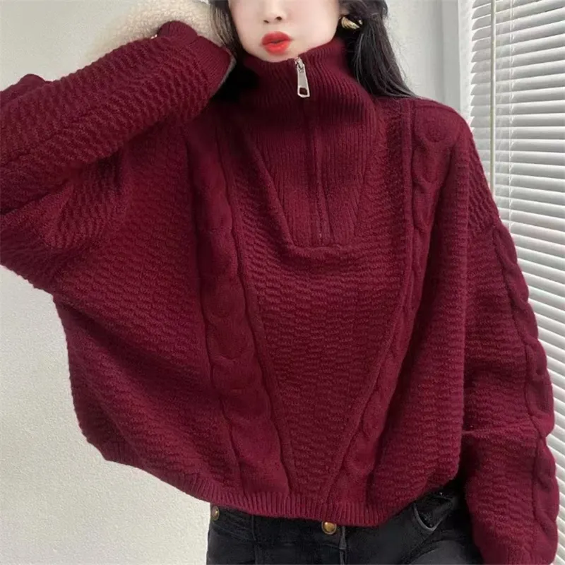 Churchf Churchf Version Of Autumn And Winter Retro Half Zipper Standing Collar Sweater Loose Thin Pure Color Design Sense Short Twist Sweater Woman
