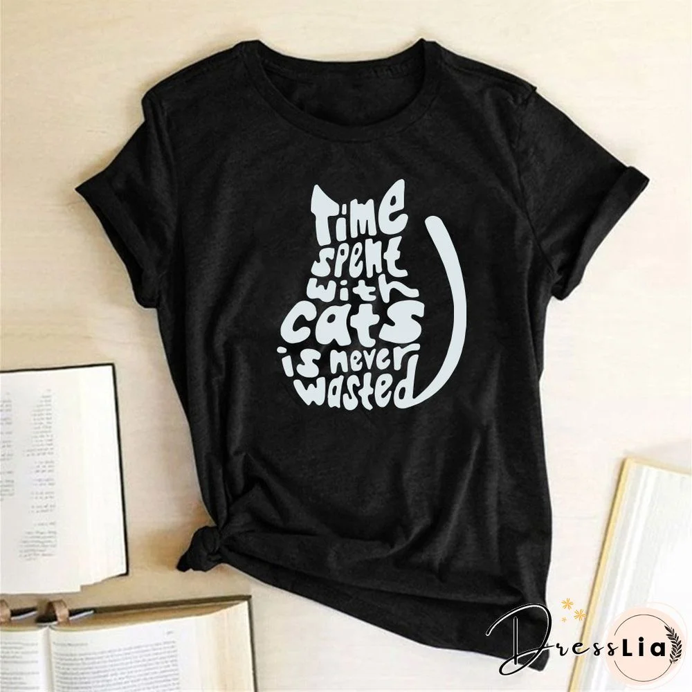 Time SpemtWith Cats Is Never Wasted Print T Shirt Women Short Sleeve Summer Funny T Shirt Aesthetics Tops Abbigliamento Donna