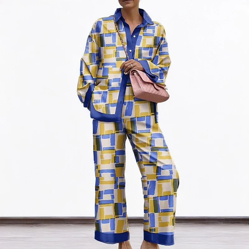 Brownm Brownm 2024 New Women's Temperament Commuter Loose Print Long Sleeve Wide-Leg Pants Fashion Suit Women