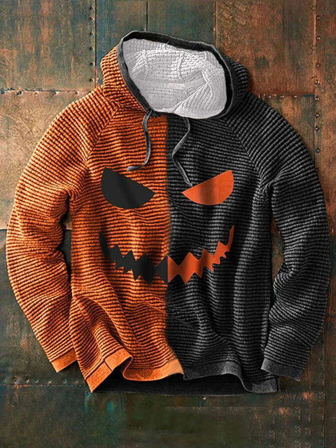 Men's  Halloween Contrast Hooded Drawstring Sweater