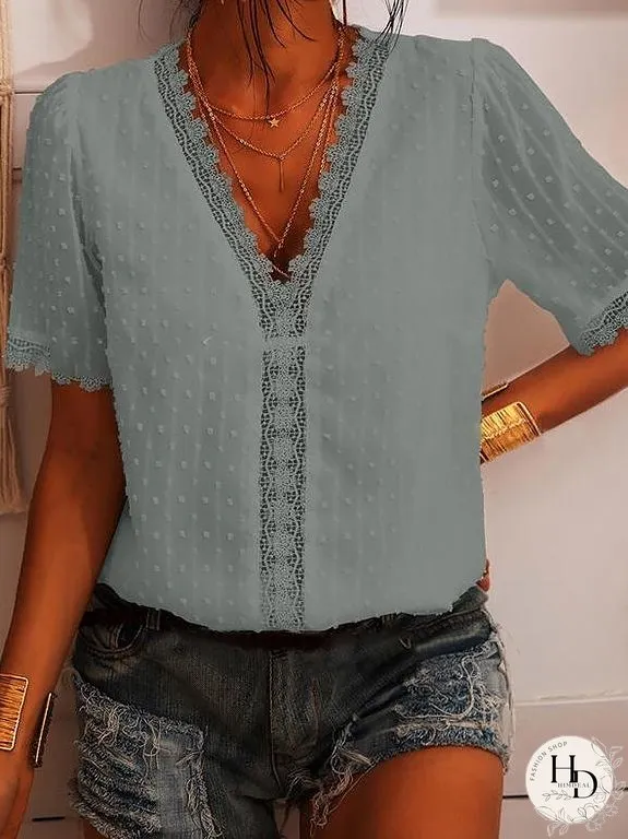 Deep V-neck Embroidered Lace Chiffon Blouse