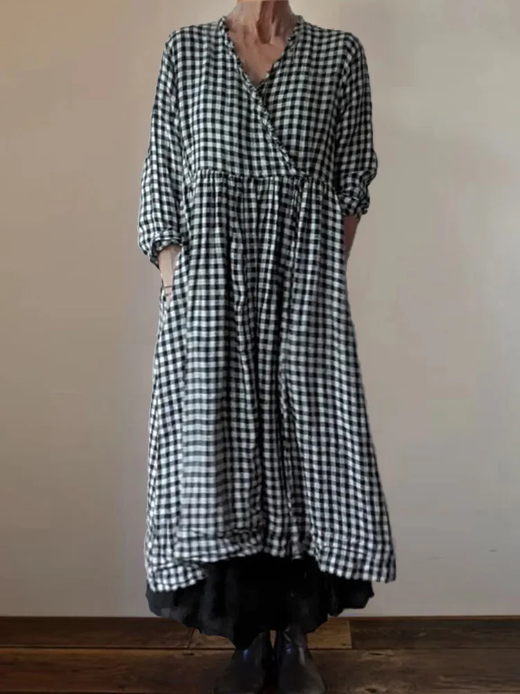 VChics Check Pleated Frayed Hem Wrap Maxi Dress