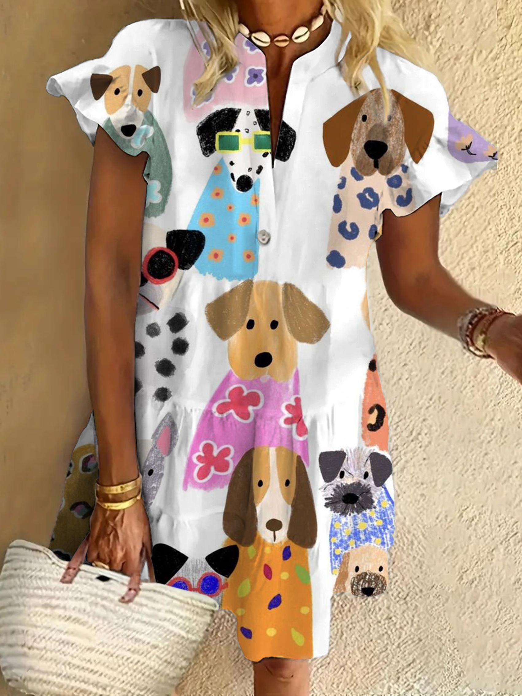 Cute Puppy Ruffled Short-sleeved V-neck Buttoned Dress Vacation Beach Dress