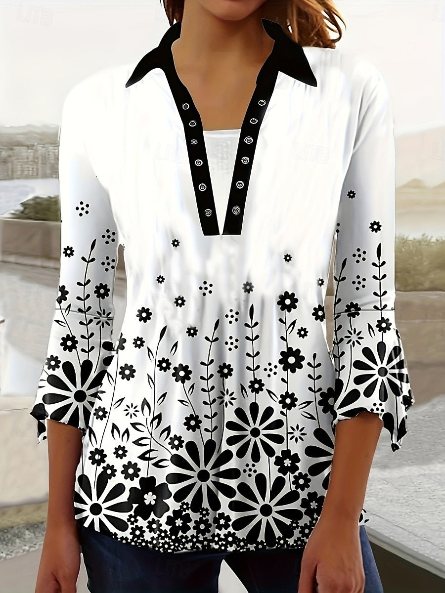 Women Long Sleeve V-neck Graphic Floral Printed Top