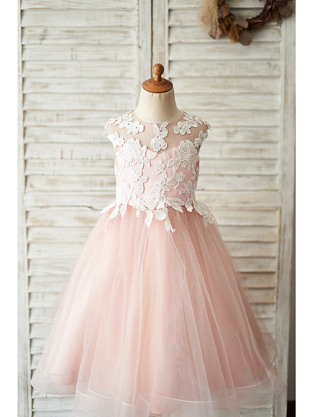 Oknass Ball Gown Sleeveless Jewel Neck Flower Girl Dress Satin Tulle With Bow Appliques