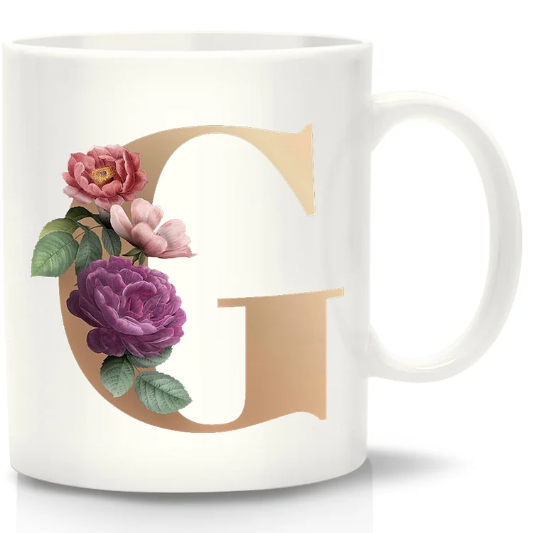 Ceramic Water Cup with Handle Flower Letter G Print Tea Breakfast Milk Mug