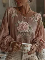 Women's Bohemian Floral Pattern Linen Crew Neck T-shirt