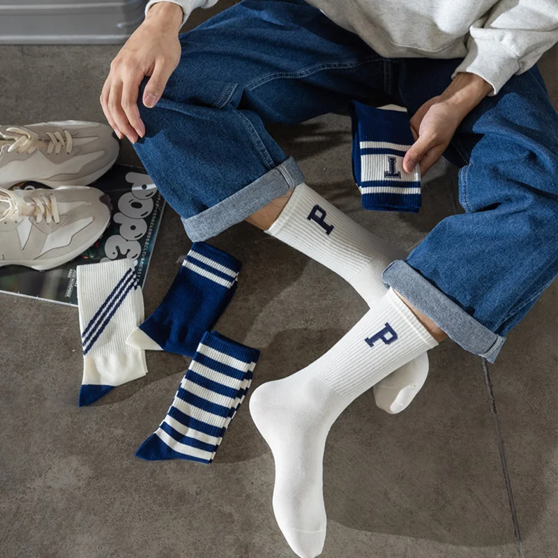 Men's Blue Striped Lettering Cotton Mid-Calf Socks