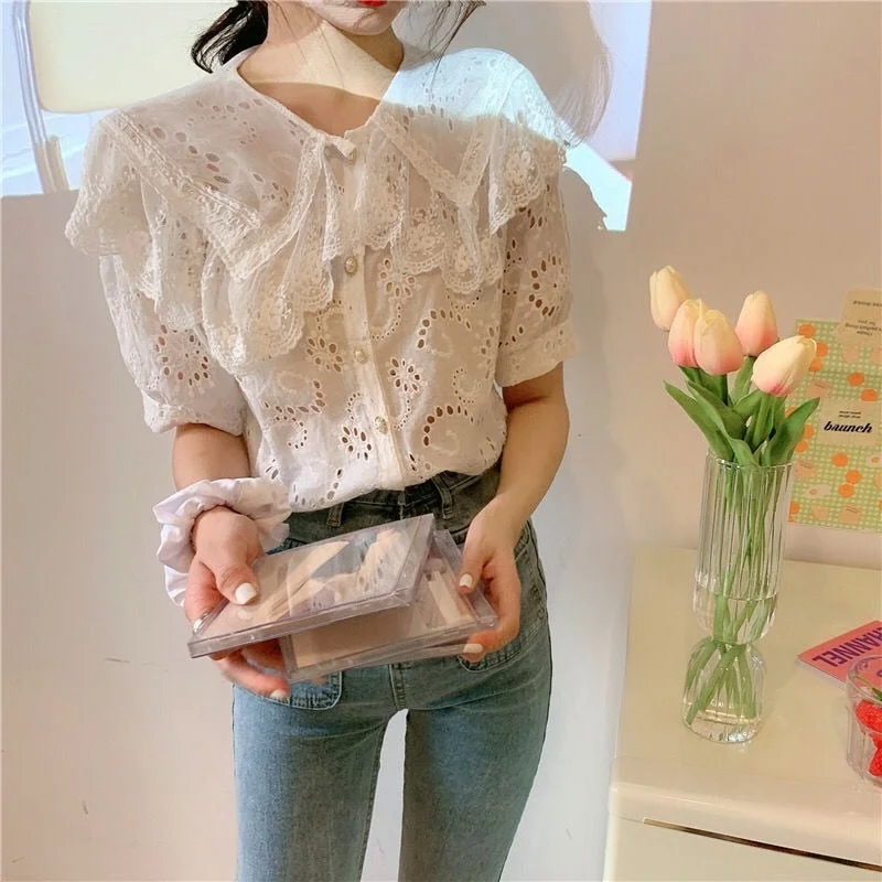 Lace Embroidery Blouse Women French Hollow Out Peter Pan Collar Blusa Shirts Summer 2021 Elegant Short Sleeve Female Top 13814