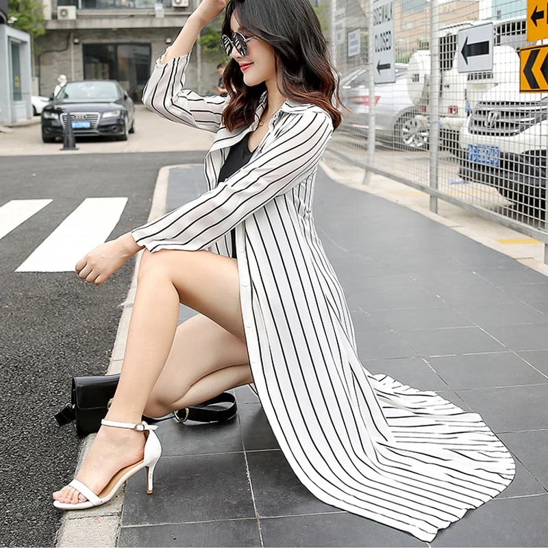 2021 Summer Sun-Proof Clothing Female Outdoor Shawl Thin Chiffon Cardigan Jacket Fairy Mid-Length Sun-Protective Clothing 9736