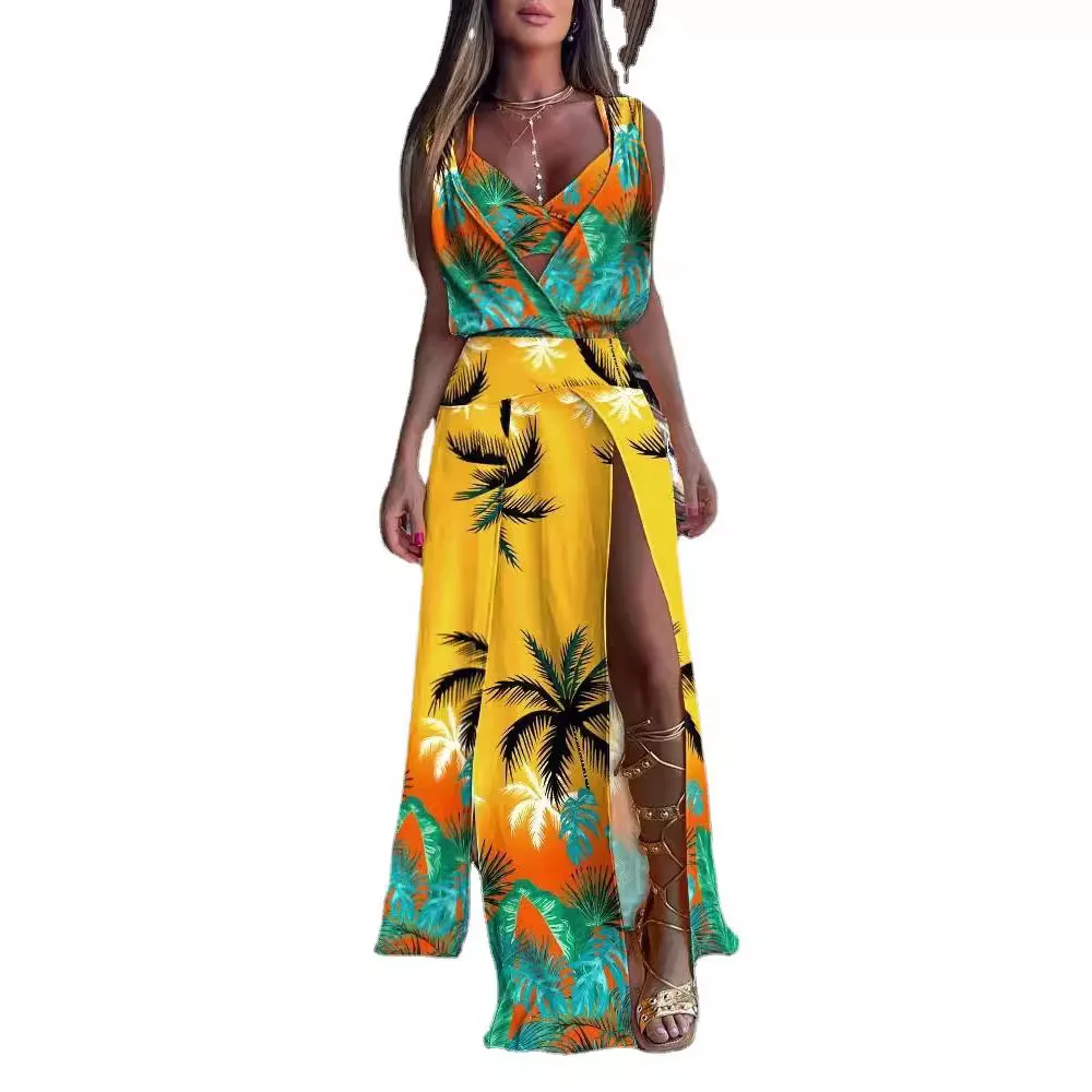 Athvotar Hot Style Summer Sleeveless V-Neck Print Hem Slit Dress Woman