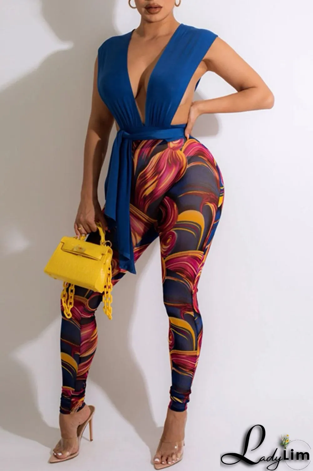 Rose Red Fashion Sexy Print Split Joint V Neck Sleeveless Two Pieces