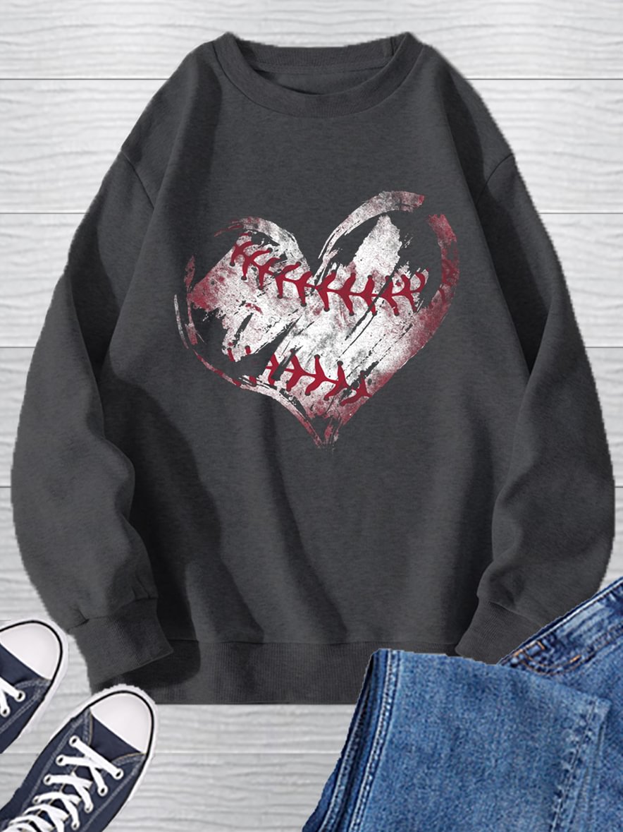 Baseball Heart Print Long Sleeve Pullover