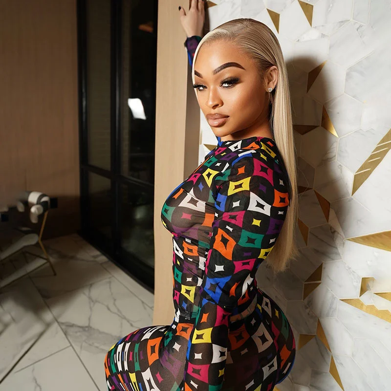 Uveng Uveng Women's Autumn And Winter Round Collar Collar Color Pattern Printing Mesh Yarn Perspective Tight Suit