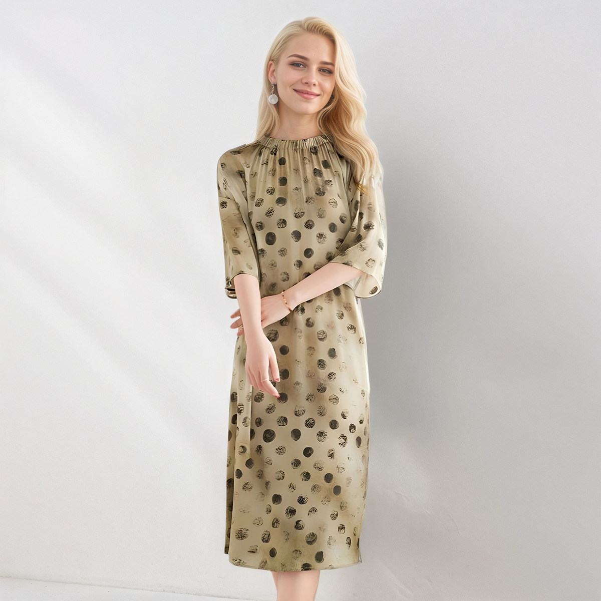 Silk Dress With Polka Dot Beige REAL SILK LIFE