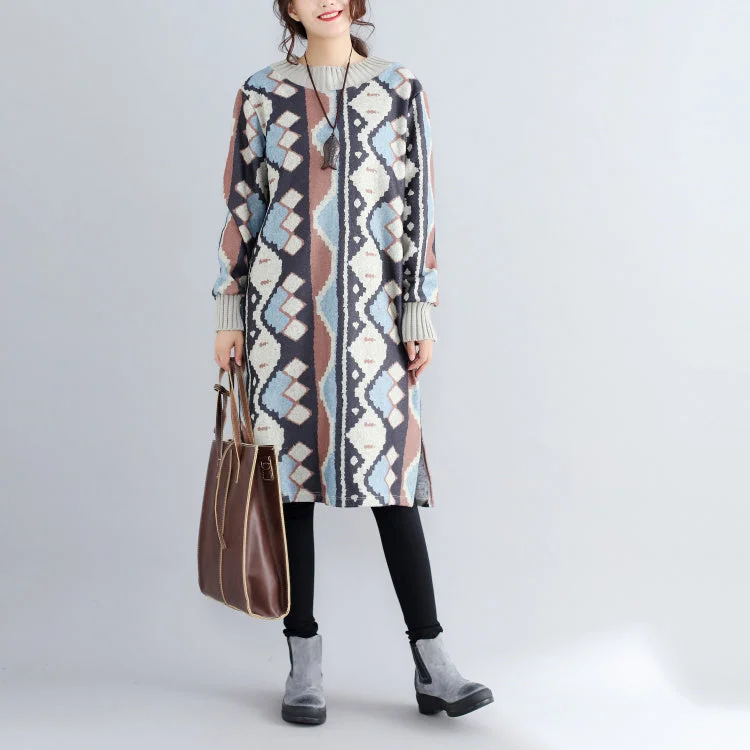 new khaki prints woolen sweater dresses oversize side open knit dress
