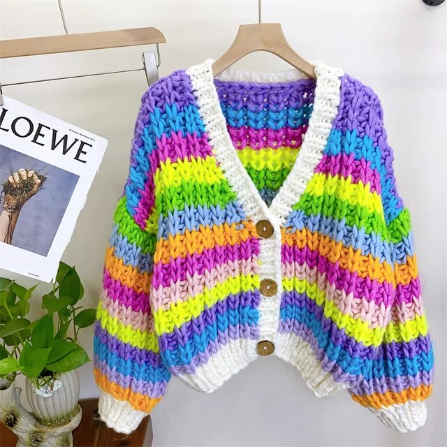 Women Handmade Rainbow Colorful Warm Chunky Knit Bulky Cardigan 2023 Autumn Winter New In