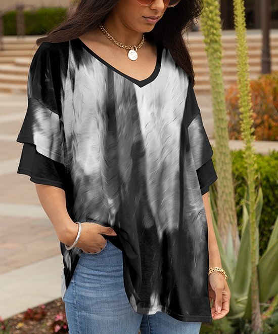 Black & Gray Abstract Ruffle-Sleeve V-Neck Tunic - Women & Plus