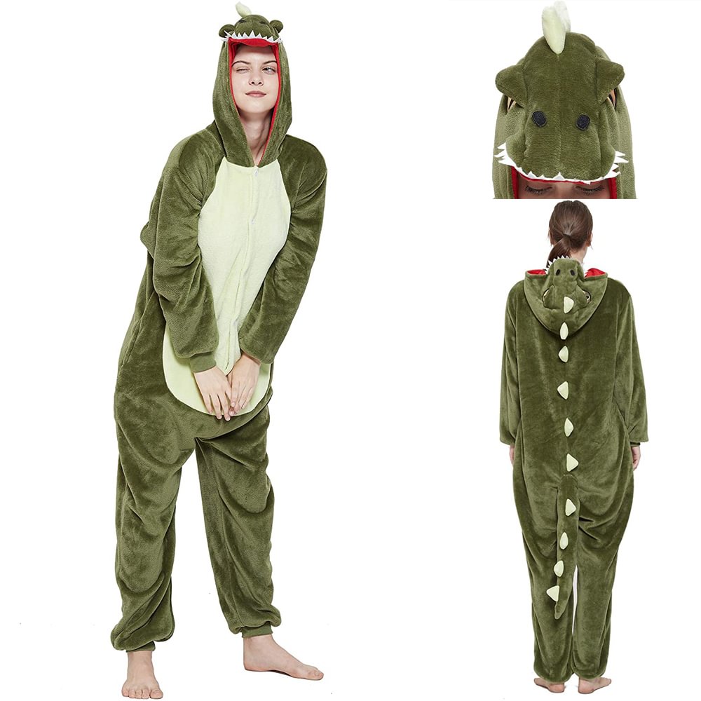 Onesie Kigurumi Pajamas Print New green dinosaur Adult's Flannel Winter Sleepwear Animal Costume-Pajamasbuy