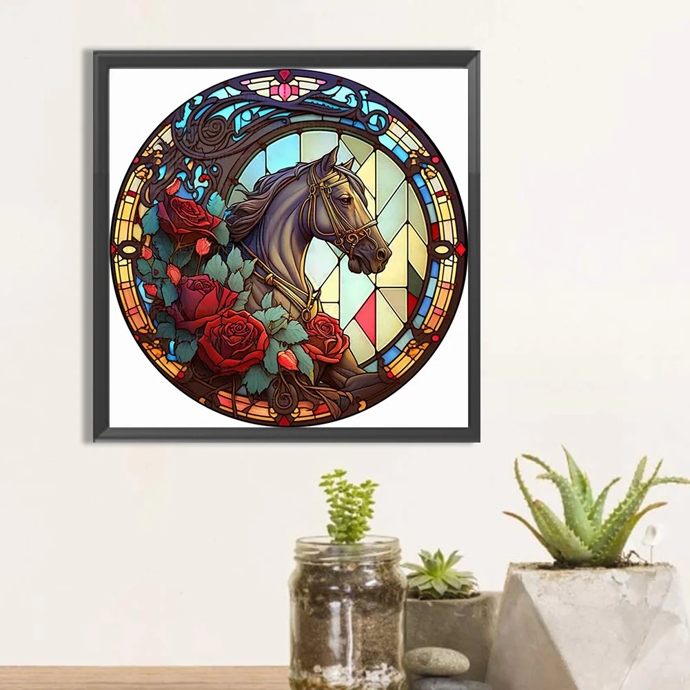 Diamond Painting - Full Round Drill - Stained Glass Rose Horse(30*30cm)