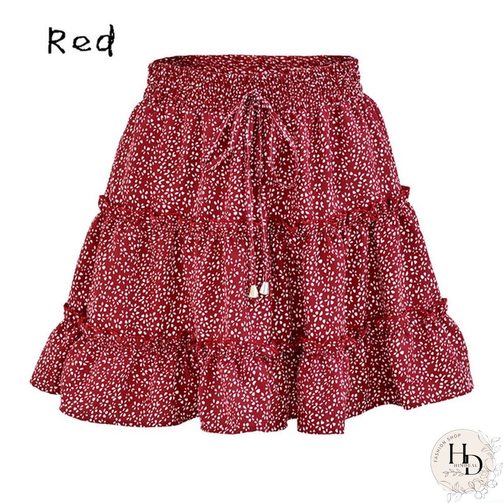 Women Fashion Casual Floral Short Skirts Summer High Waist Pleated Printed Beach Skirt