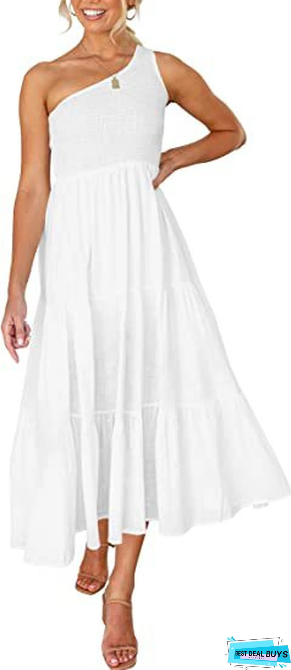 Solid Print Bohemian One Shoulder Sleeveless Dress