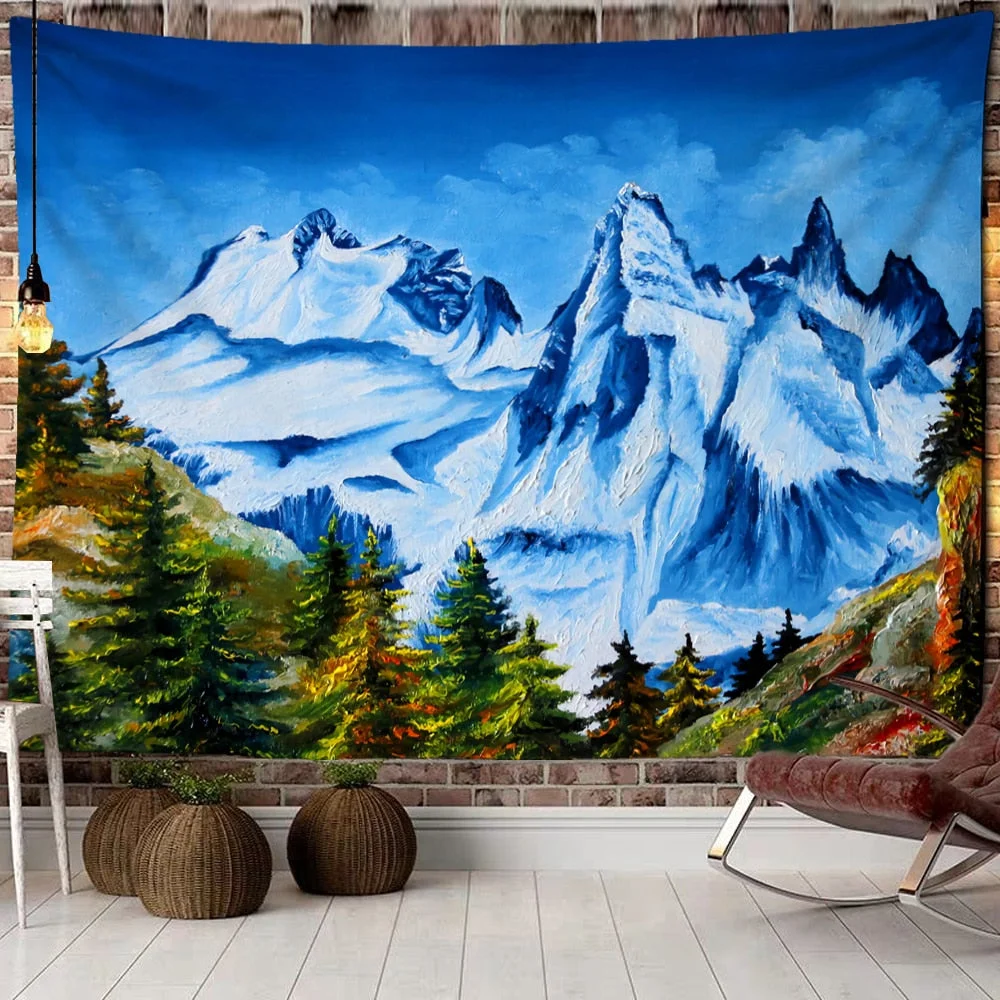 Mountains Psychedelic Tapestry Starry Sky Wall Hanging Star Stars Leaf Village Dorm Decor Blanket 130Cm Woven Personalized