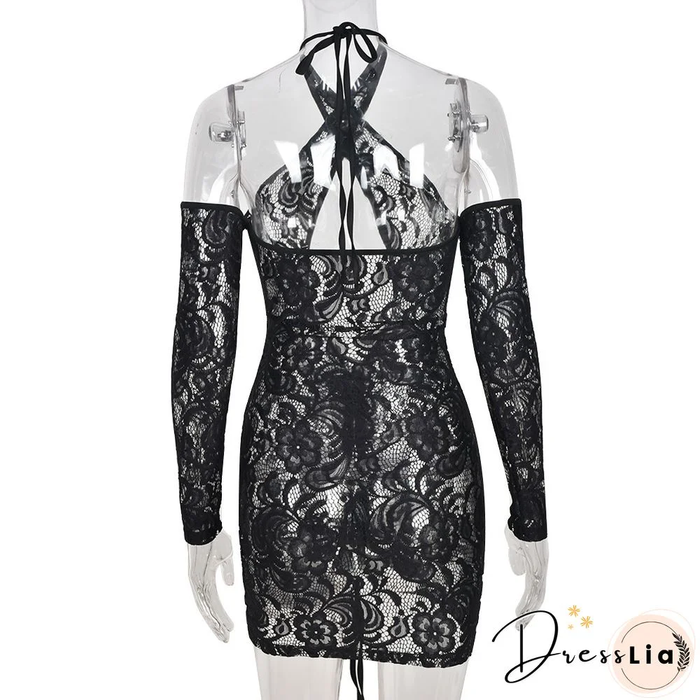 Lace Drawstring Ruched Long Sleeve Backless Dresses