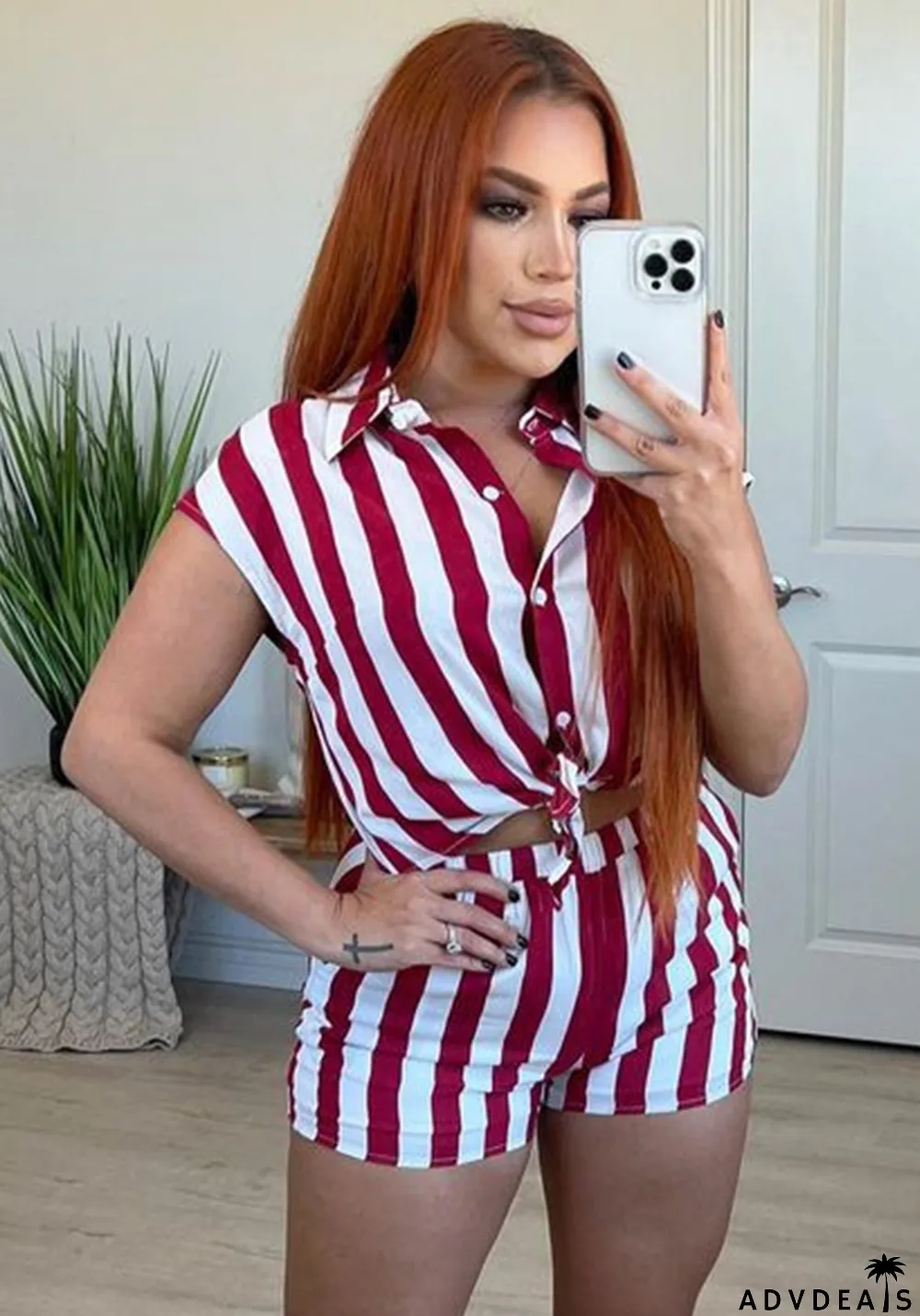 Ladies Spring Autumn Fashionable Casual Stripe Print Shirt Shorts Two Piece Set